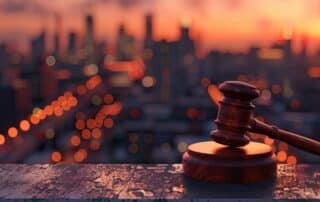 Assault & Battery Law in Ontario portrayed by Gavel on the ledge of a building overlooking the city of Ottawa.